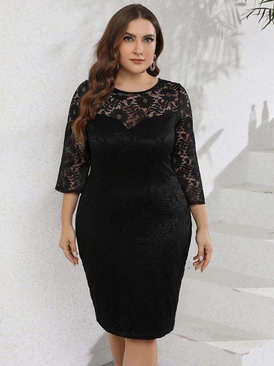 Women Plus Size Elegant Lace 3/4 Sleeve Wedding Guest Cocktail Bodycon Midi Dress Dresses jehouze
