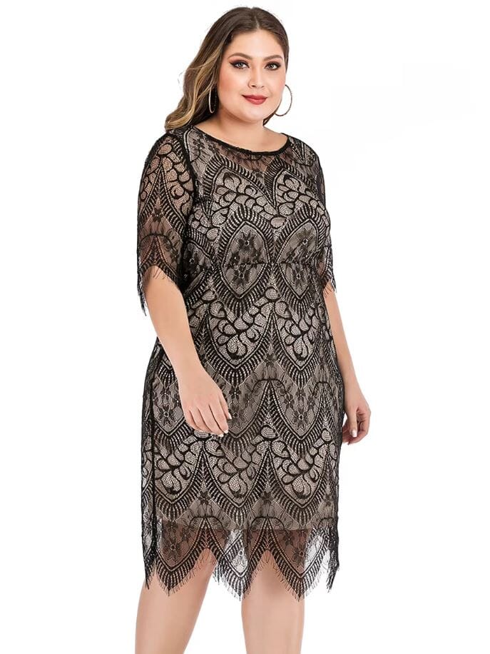 Women Plus Size Elegant Round Neck Floral Lace Wedding Cocktail Party Dress Dresses jehouze