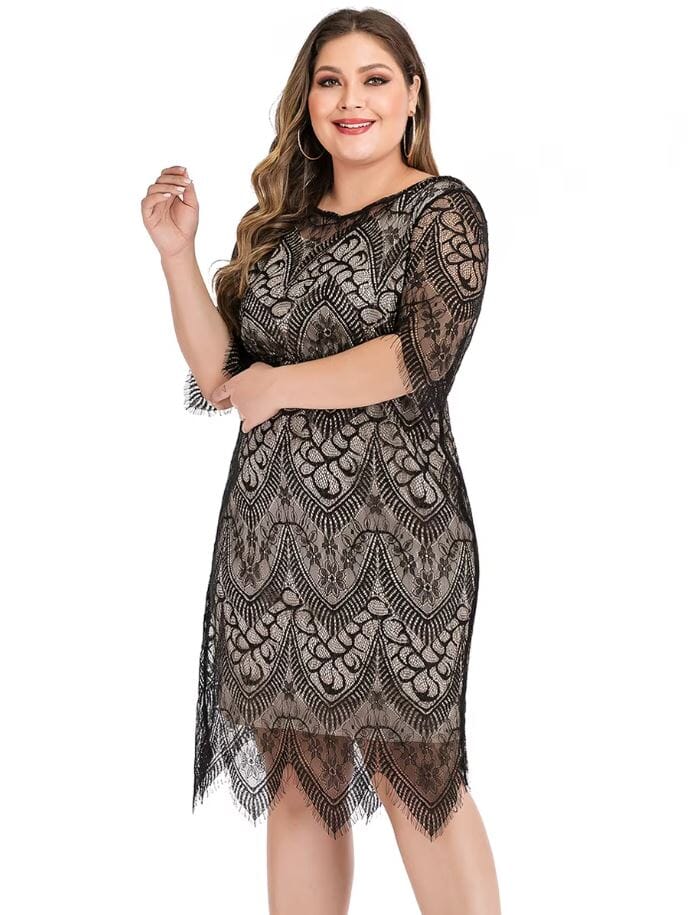 Women Plus Size Elegant Round Neck Floral Lace Wedding Cocktail Party Dress Dresses jehouze