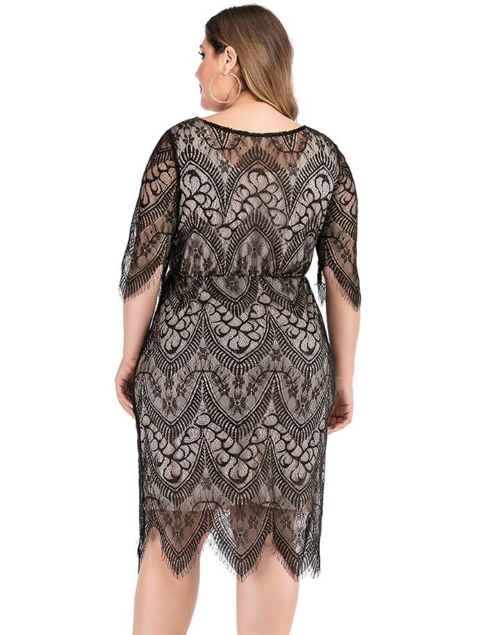 Women Plus Size Elegant Round Neck Floral Lace Wedding Cocktail Party Dress Dresses jehouze