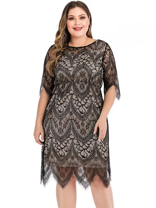 Women Plus Size Elegant Round Neck Floral Lace Wedding Cocktail Party Dress Dresses jehouze XL