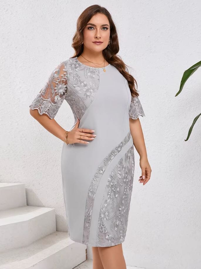 Women Plus Size Embroidery Floral Lace short Sleeve Formal Wedding Party Long Dress Dresses jehouze