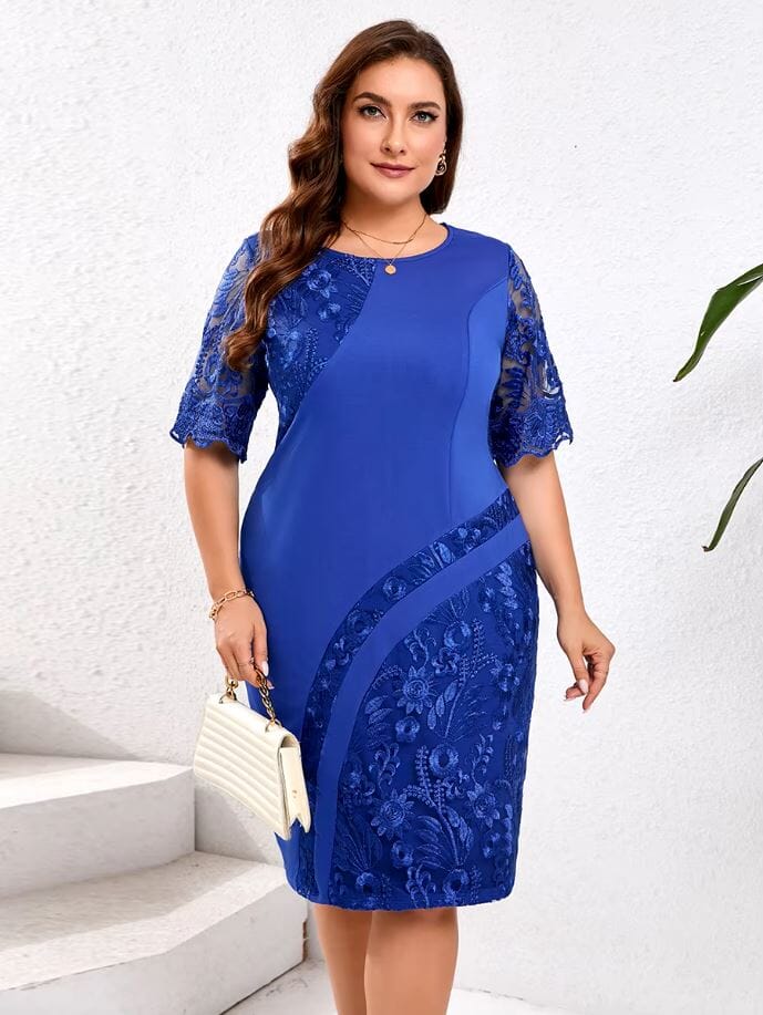 Women Plus Size Embroidery Floral Lace short Sleeve Formal Wedding Party Long Dress Dresses jehouze Royal Blue L
