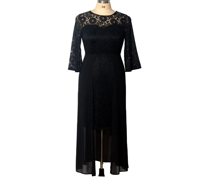Women Plus Size Floral Lace Round Neck Long Sleeve Midi Dress Dresses jehouze