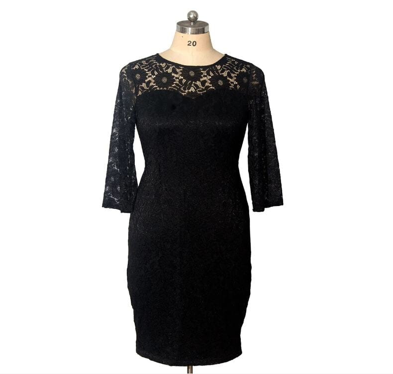 Women Plus Size Floral Lace Round Neck Long Sleeve Midi Dress Dresses jehouze