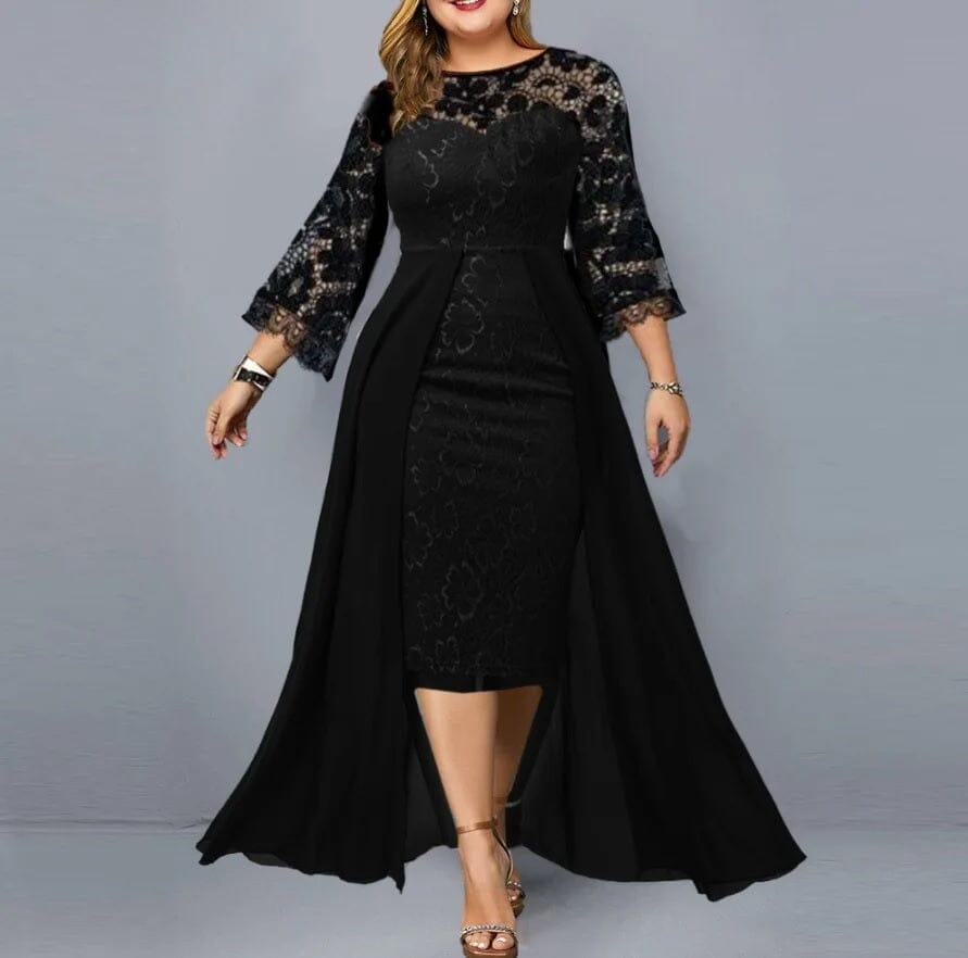 Women Plus Size Floral Lace Round Neck Long Sleeve Midi Dress Dresses jehouze XL