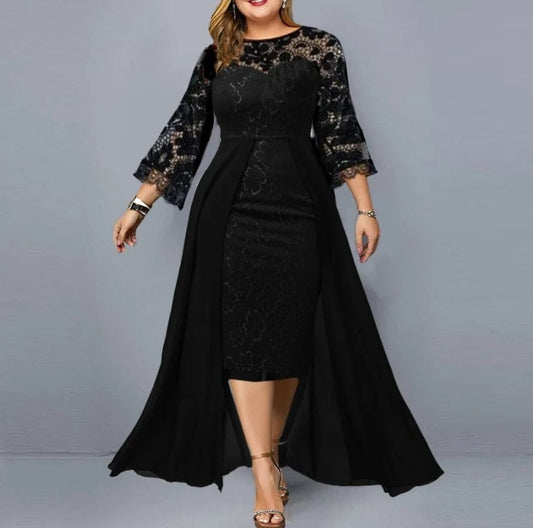 Women Plus Size Floral Lace Round Neck Long Sleeve Midi Dress Dresses jehouze XL 