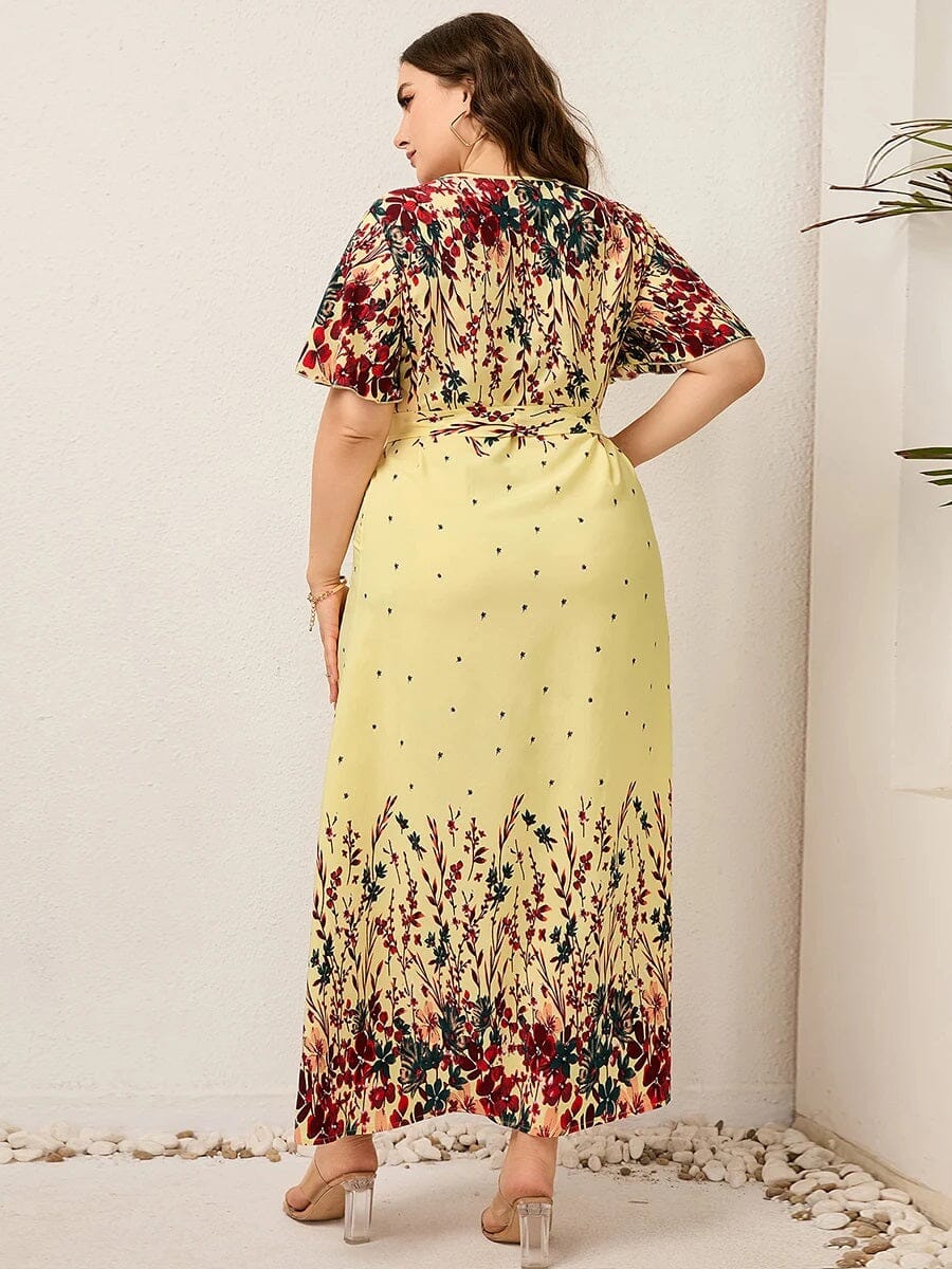 Women Plus Size Floral Print Flutter Sleeve Self Waist Tie Long Dress Baby & Toddler Dresses jehouze 