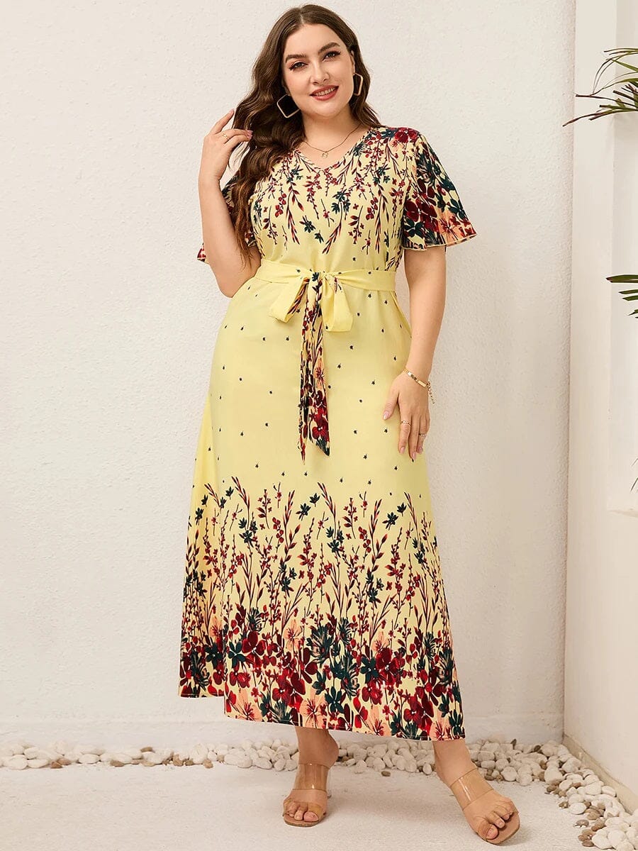 Women Plus Size Floral Print Flutter Sleeve Self Waist Tie Long Dress Baby & Toddler Dresses jehouze 