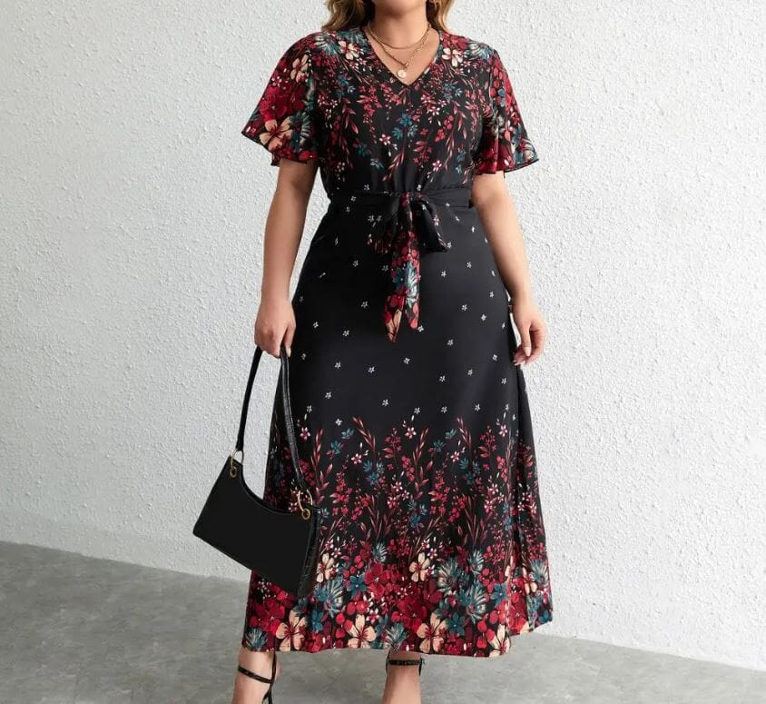 Women Plus Size Floral Print Flutter Sleeve Self Waist Tie Long Dress Baby & Toddler Dresses jehouze 