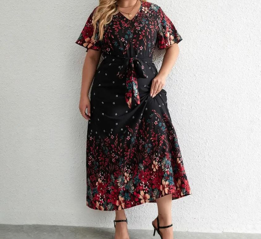 Women Plus Size Floral Print Flutter Sleeve Self Waist Tie Long Dress Baby & Toddler Dresses jehouze 