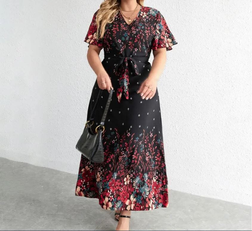 Women Plus Size Floral Print Flutter Sleeve Self Waist Tie Long Dress Baby & Toddler Dresses jehouze 