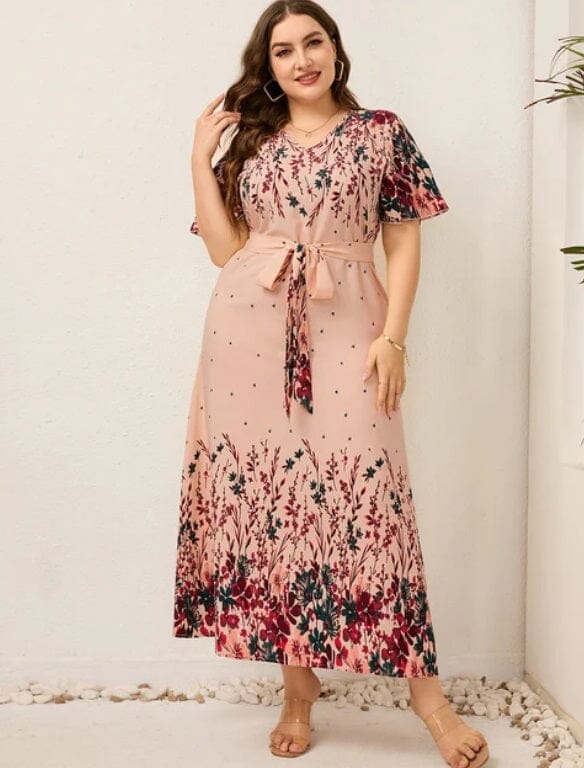 Women Plus Size Floral Print Flutter Sleeve Self Waist Tie Long Dress Baby & Toddler Dresses jehouze Pink XL 