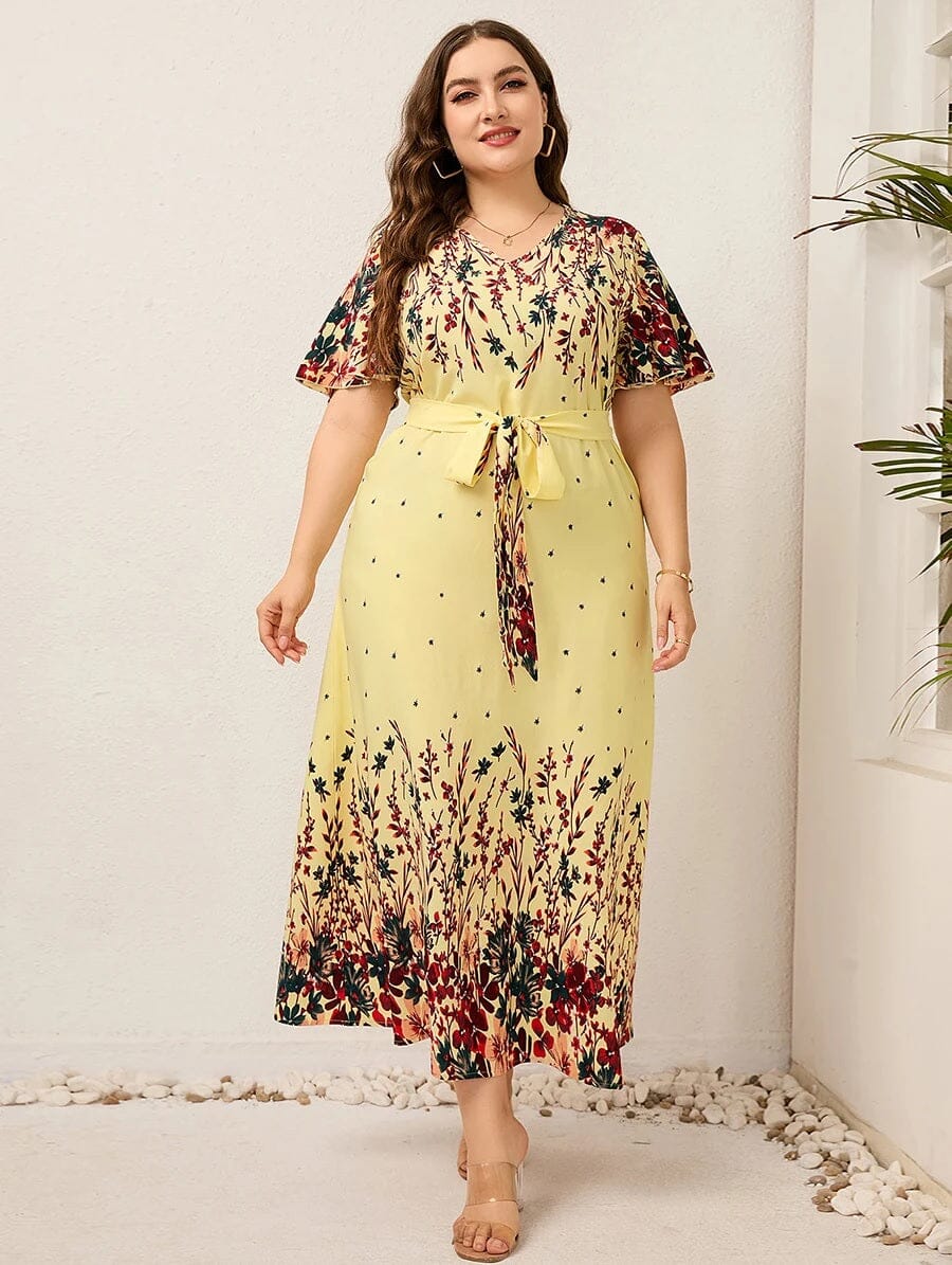 Women Plus Size Floral Print Flutter Sleeve Self Waist Tie Long Dress Baby & Toddler Dresses jehouze Yellow XL 