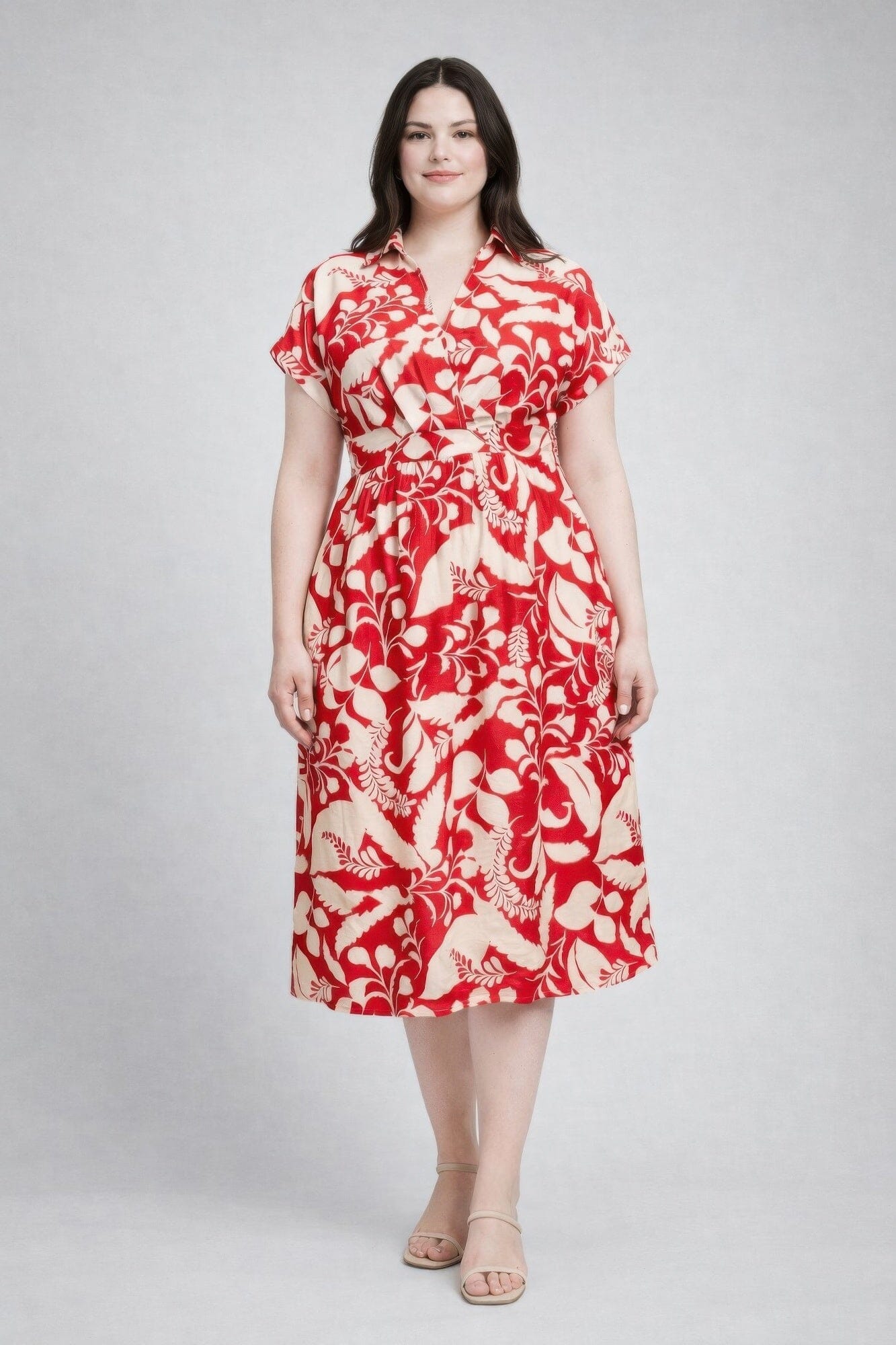 Women Plus Size Floral Print Wrap Tie Midi Dress Dresses jehouze Red XL