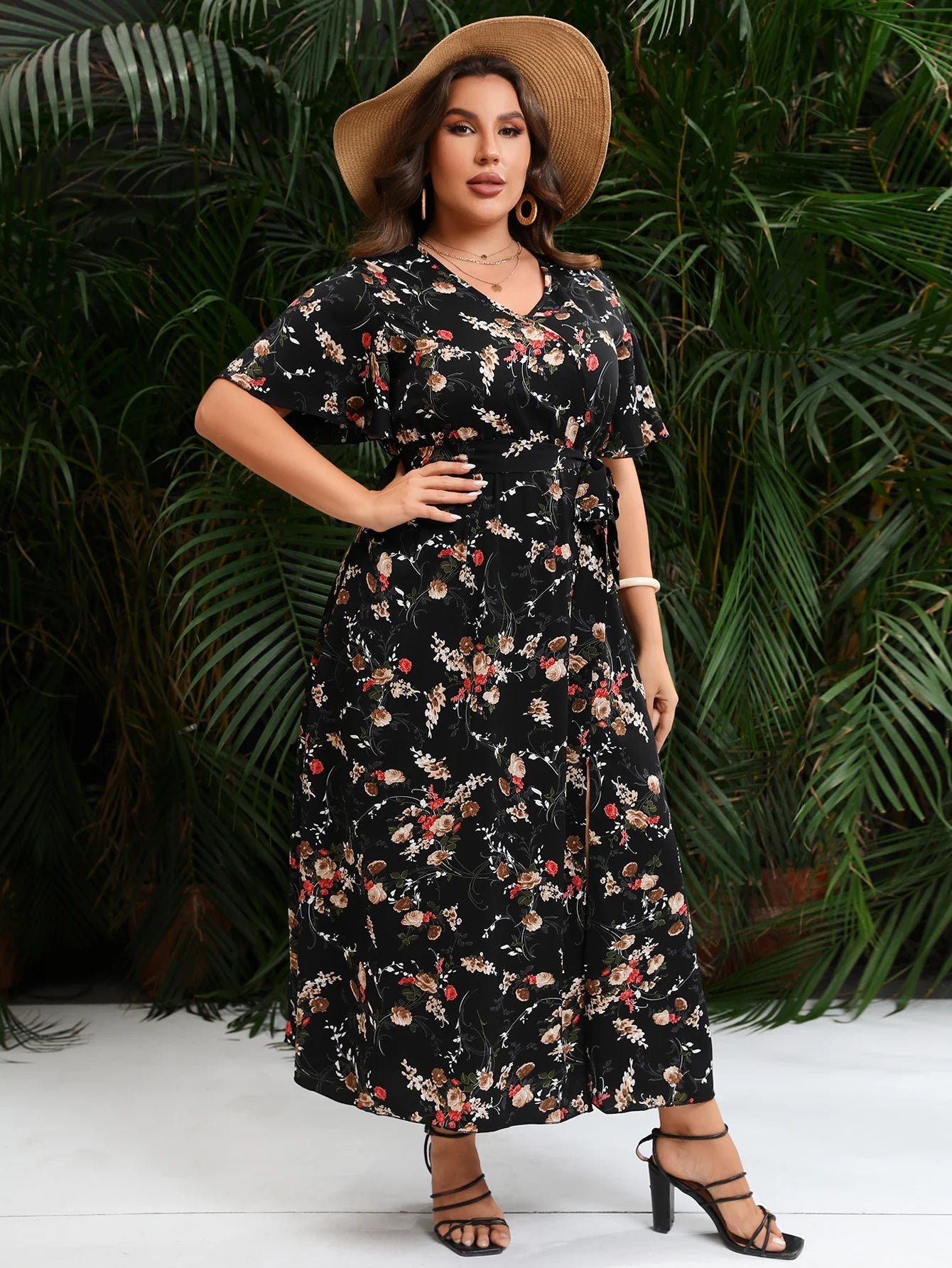 Women Plus Size Floral Short Sleeve V Neck Wrap Front A line Belted Long Dress Dresses jehouze
