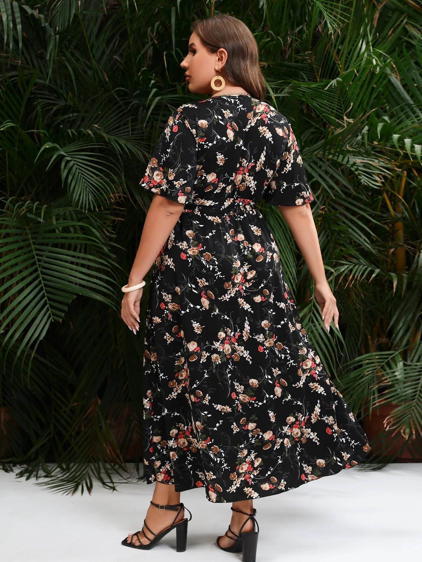 Women Plus Size Floral Short Sleeve V Neck Wrap Front A line Belted Long Dress Dresses jehouze