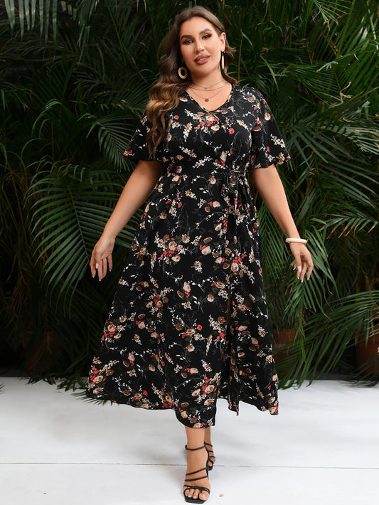 Women Plus Size Floral Short Sleeve V Neck Wrap Front A line Belted Long Dress Dresses jehouze XL
