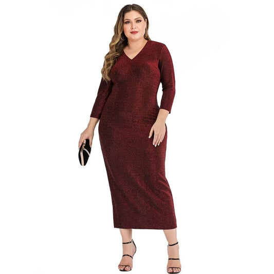 Women Plus Size Glitter V Neck 3/4 Sleeve Bodycon Formal Midi Dress Dresses jehouze Burgundy L