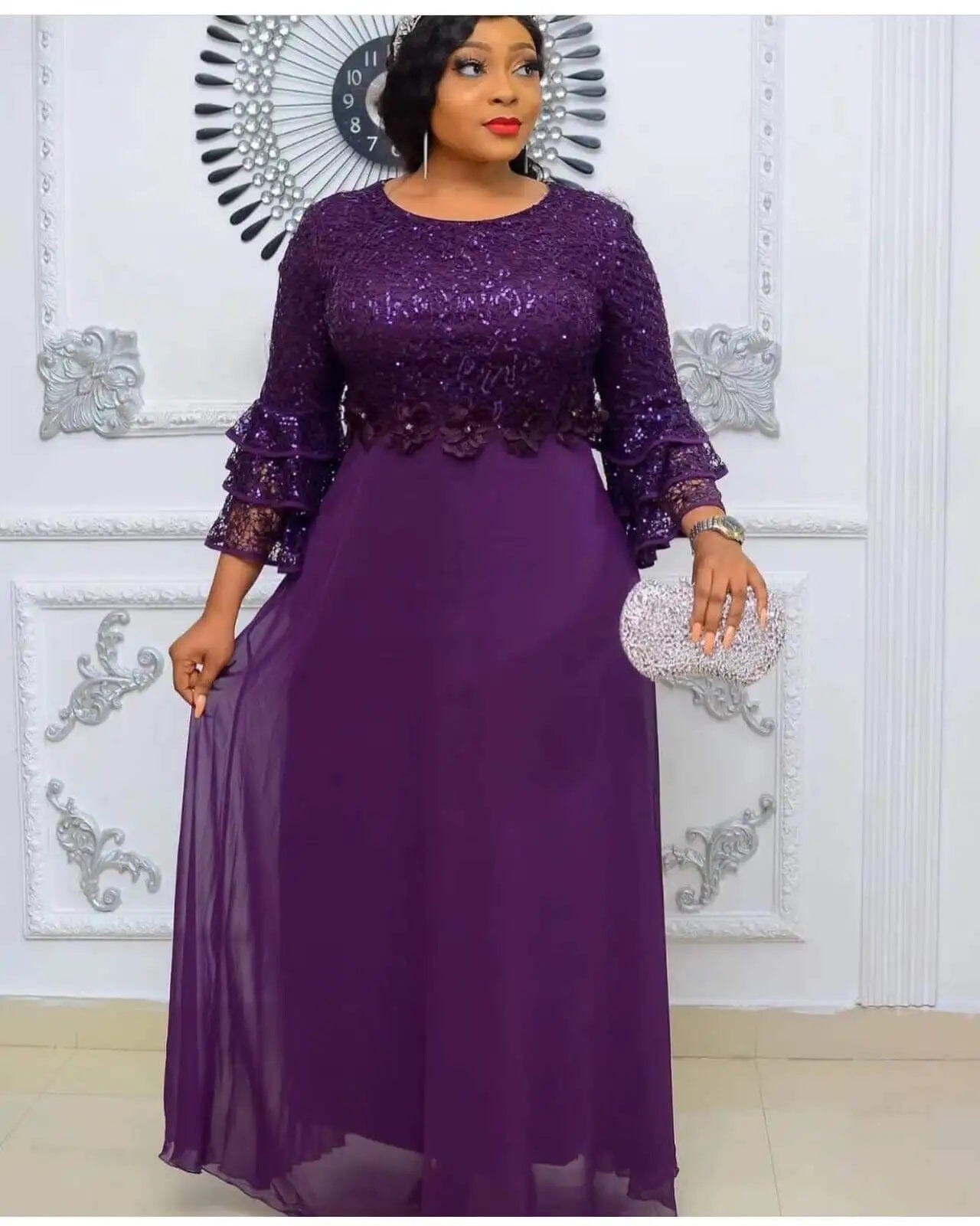 Women Plus Size Lace Chiffon Flare Sleeves Round Neck Maxi Dress Dresses jehouze Purple L 