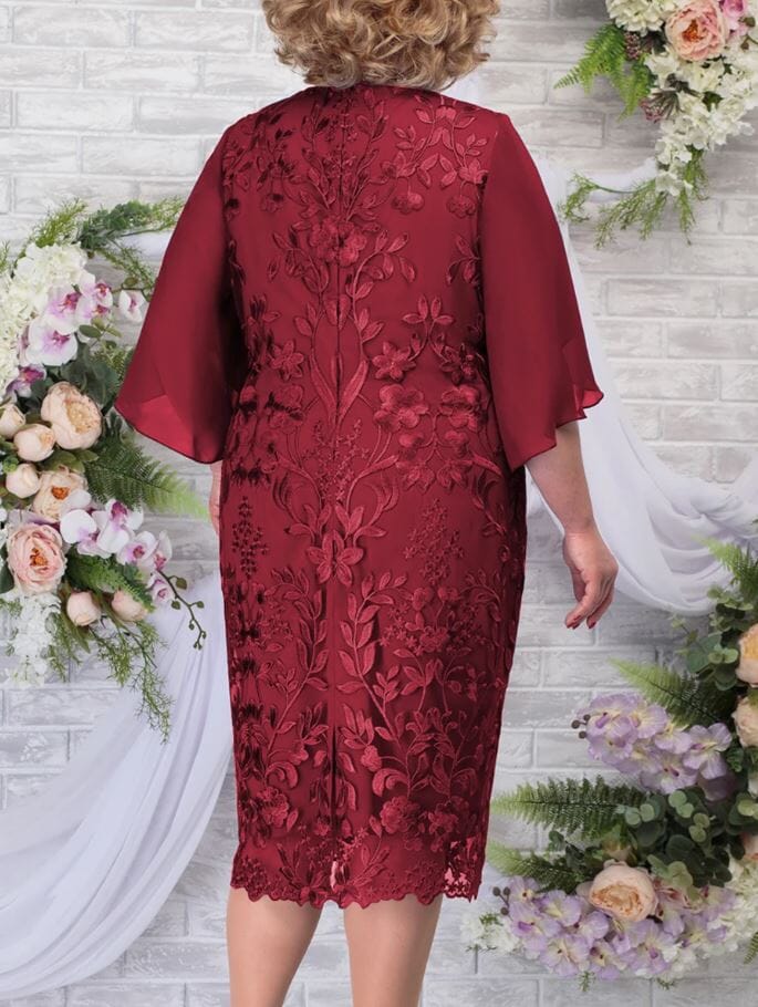 Women Plus Size Short Flutter Sleeve Embroidery Floral Formal Wedding Party Dress Dresses jehouze