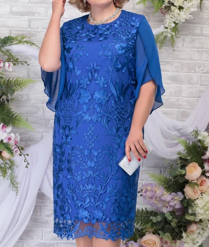 Women Plus Size Short Flutter Sleeve Embroidery Floral Formal Wedding Party Dress Dresses jehouze Blue XL 