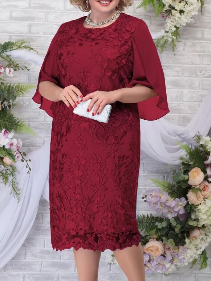 Women Plus Size Short Flutter Sleeve Embroidery Floral Formal Wedding Party Dress Dresses jehouze Burgundy L