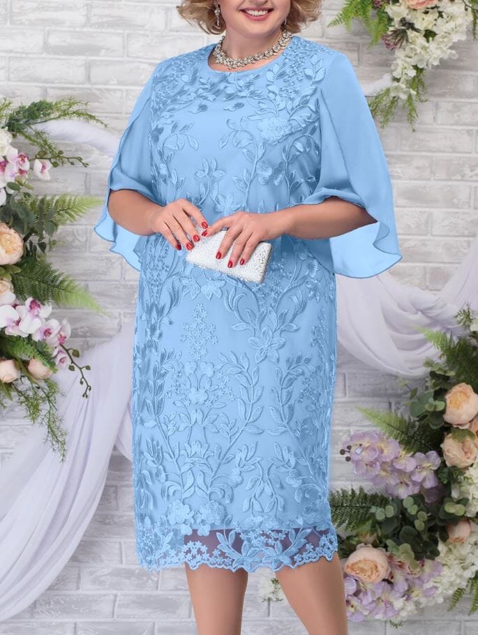 Women Plus Size Short Flutter Sleeve Embroidery Floral Formal Wedding Party Dress Dresses jehouze Sky Blue L