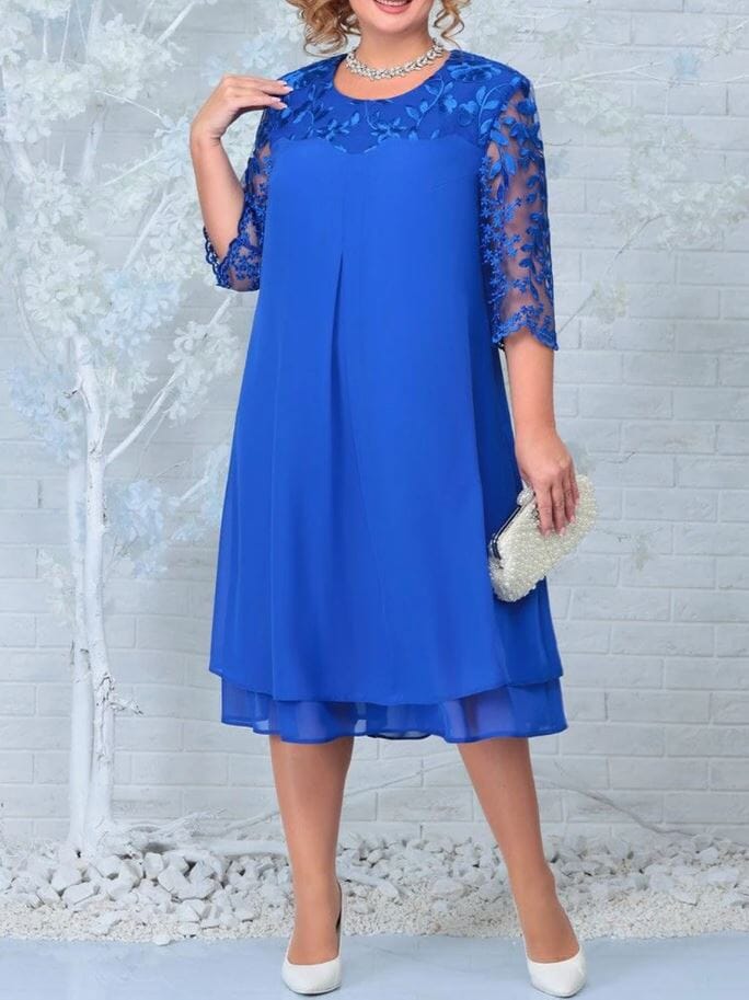 Women Plus Size Short Sleeve Embroidery Floral Formal Wedding Dress Dresses jehouze Blue XL
