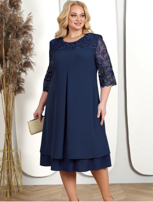 Women Plus Size Short Sleeve Embroidery Floral Formal Wedding Dress Dresses jehouze Navy Blue XL