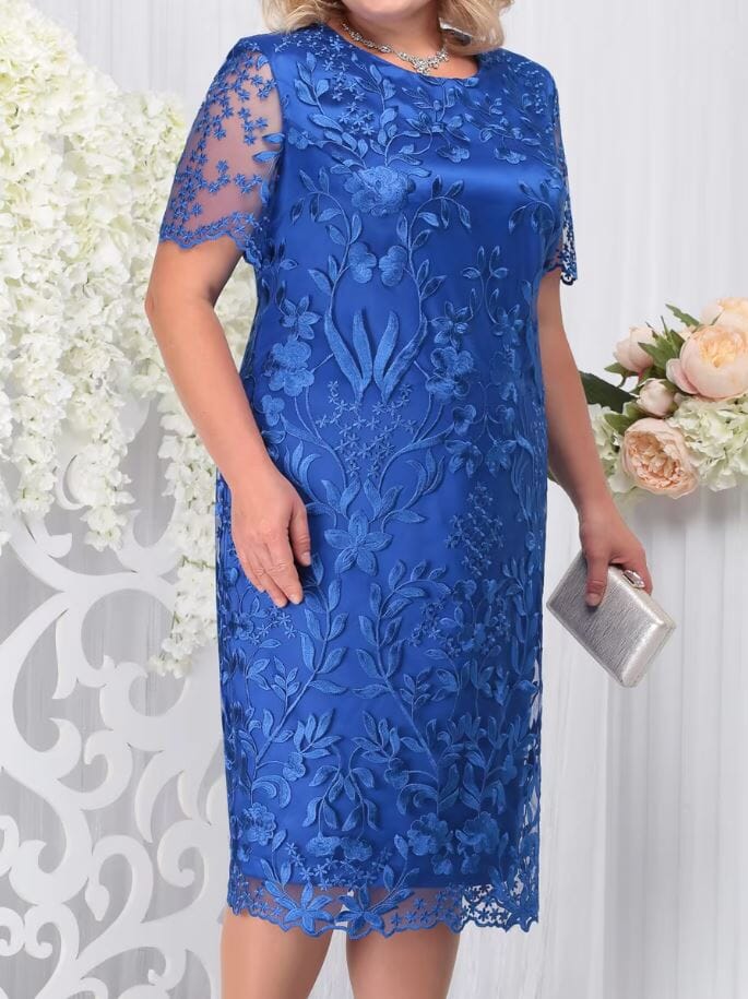 Women Plus Size Short Sleeve Embroidery Floral Gorgeous Dress Dresses jehouze Blue L