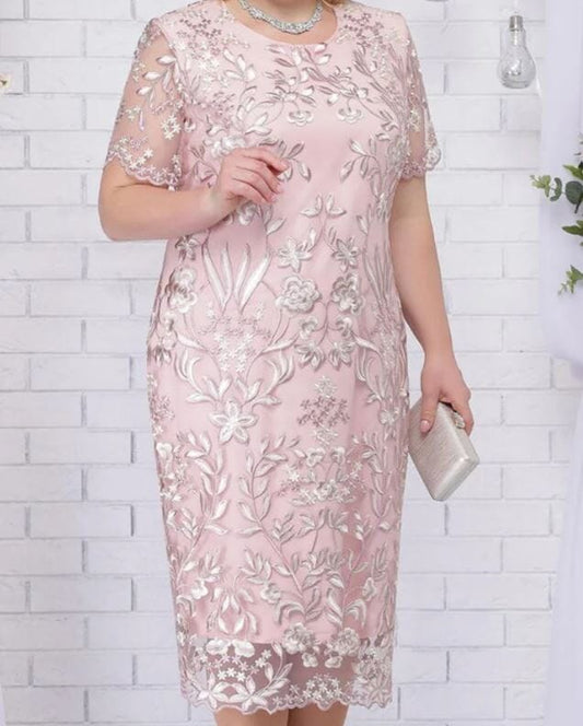 Women Plus Size Short Sleeve Embroidery Floral Gorgeous Dress Dresses jehouze Pink L