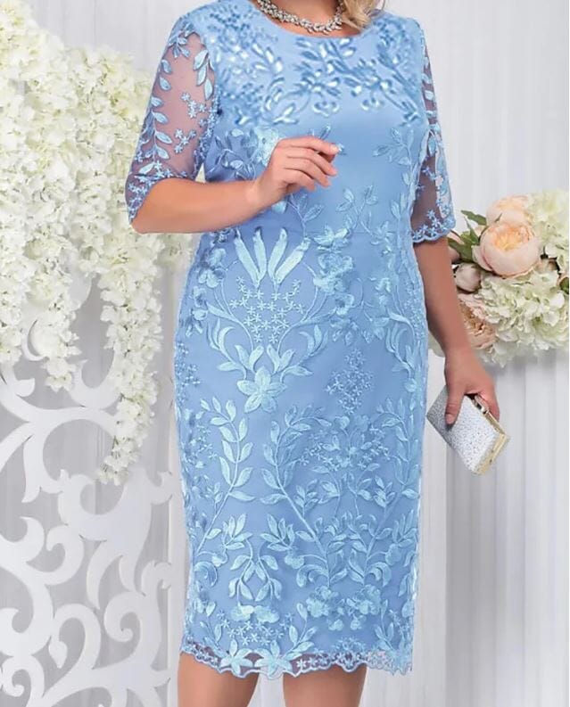 Women Plus Size Short Sleeve Embroidery Floral Gorgeous Dress Dresses jehouze Sky Blue L 