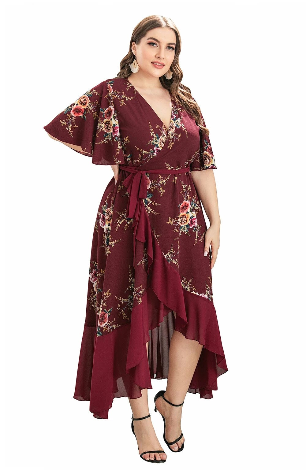 Women Plus Size Short Sleeve Wrap V Neck High Low Split Ruffle Midi Dress Dresses jehouze 