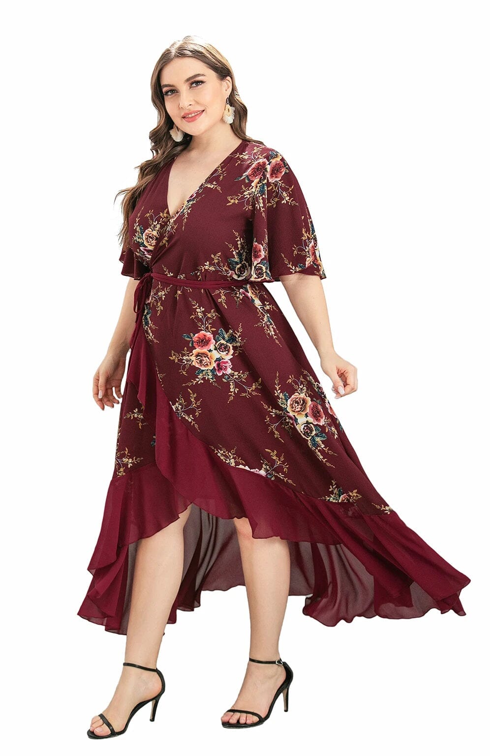 Women Plus Size Short Sleeve Wrap V Neck High Low Split Ruffle Midi Dress Dresses jehouze 