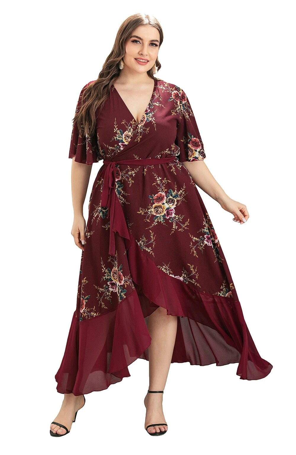 Women Plus Size Short Sleeve Wrap V Neck High Low Split Ruffle Midi Dress Dresses jehouze XL 