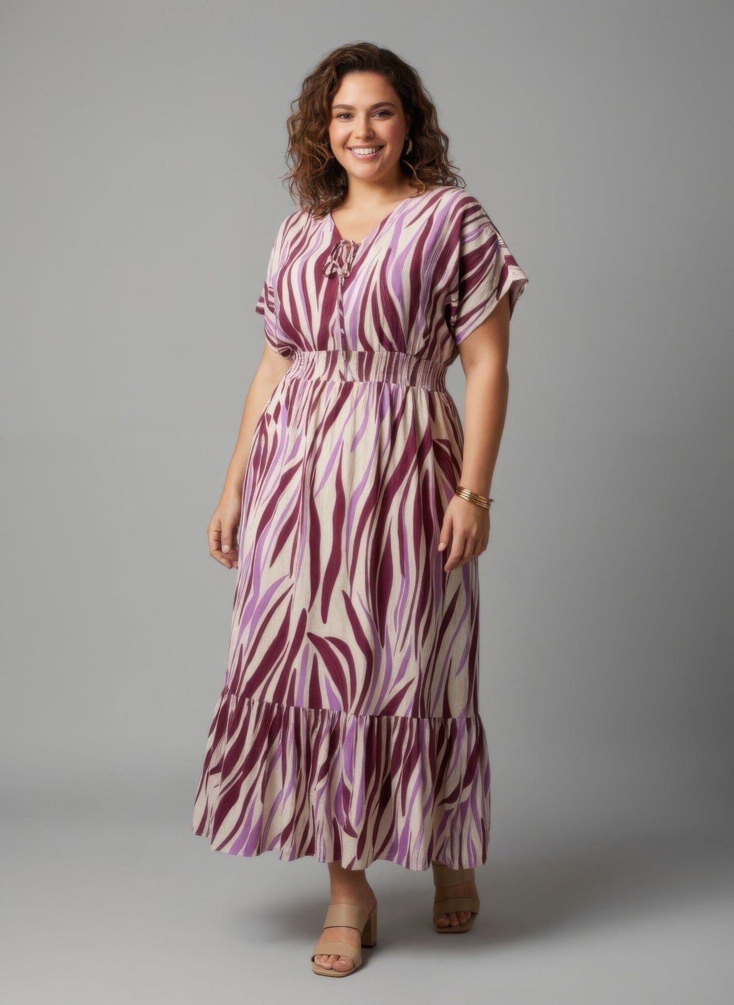 Women Plus Size Zebra Print Smocked Waist Tiered Midi Dress Dresses jehouze Purple XL