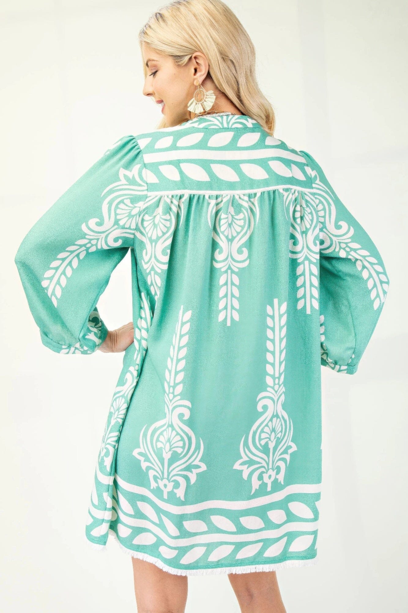Women Printed 3/4 Sleeve Dress With Tassel Tie And Fringe Detail On Hem Dresses jehouze