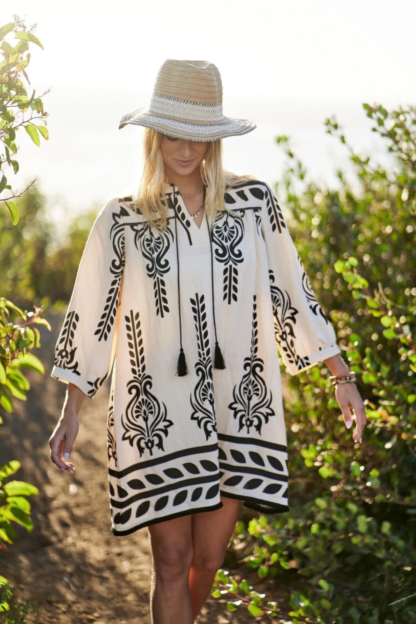 Women Printed 3/4 Sleeve Dress With Tassel Tie And Fringe Detail On Hem Dresses jehouze