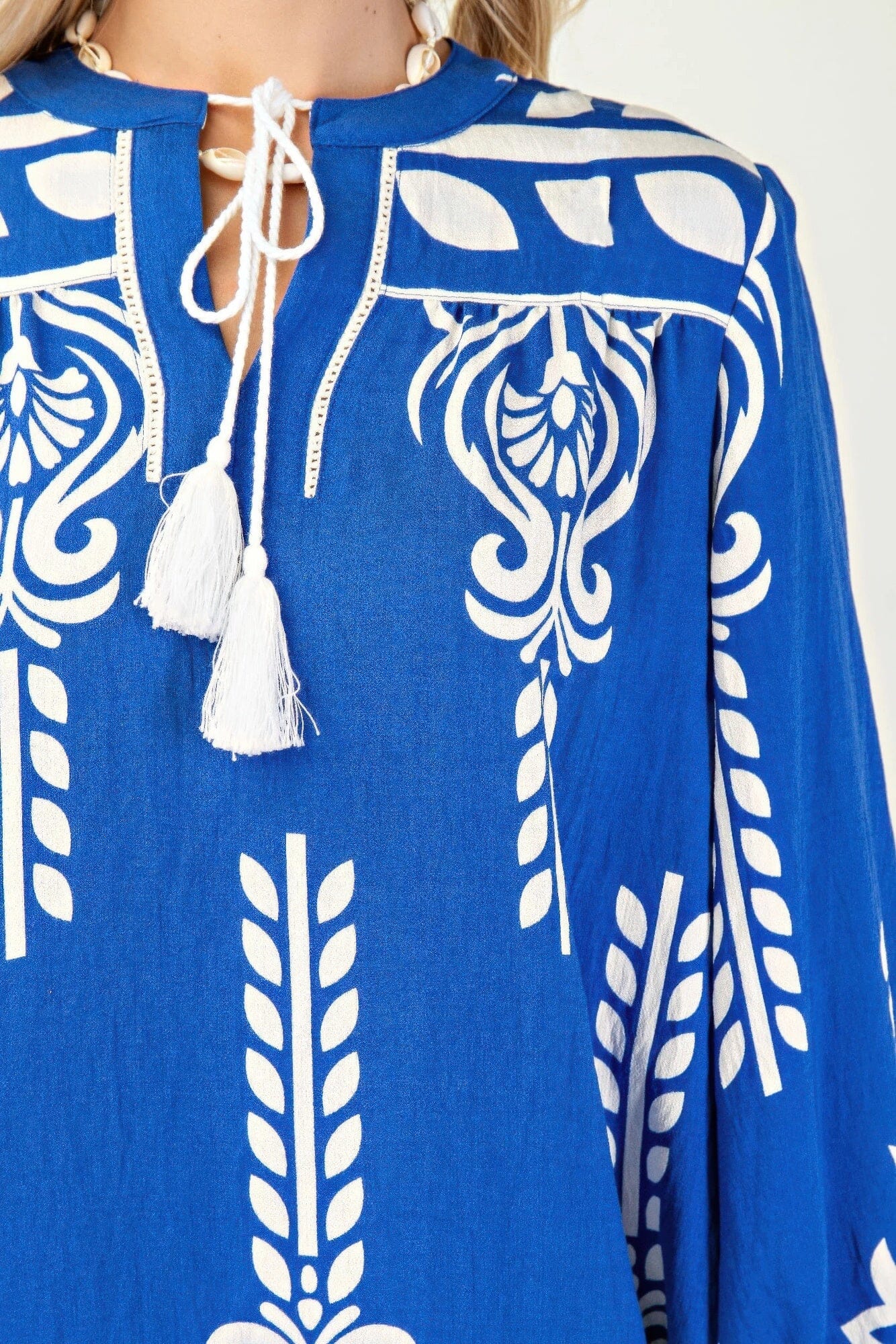 Women Printed 3/4 Sleeve Dress With Tassel Tie And Fringe Detail On Hem Dresses jehouze