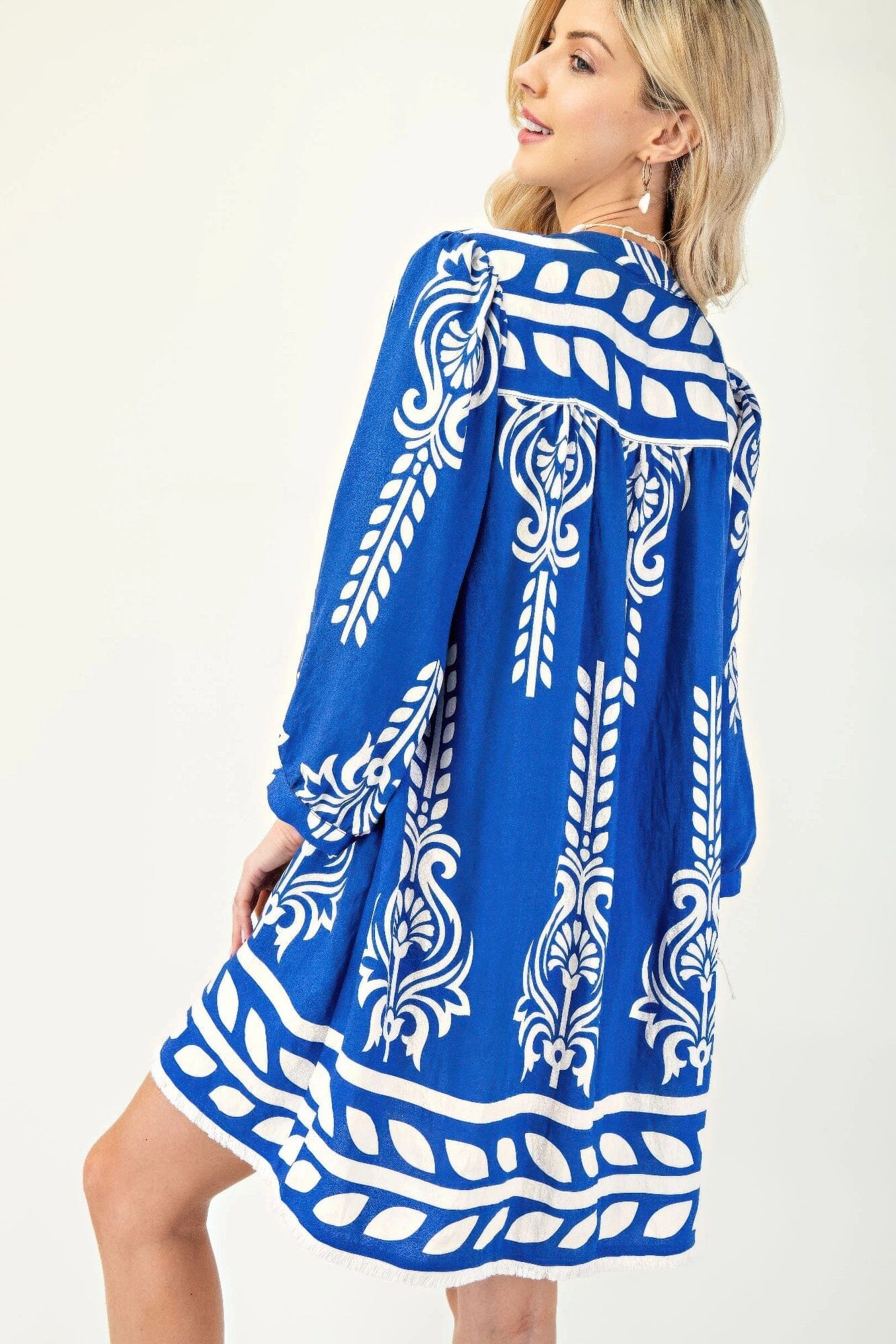 Women Printed 3/4 Sleeve Dress With Tassel Tie And Fringe Detail On Hem Dresses jehouze