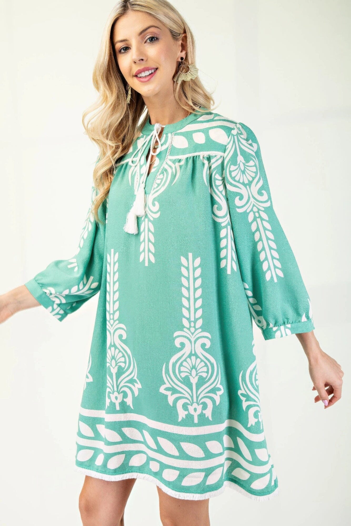 Women Printed 3/4 Sleeve Dress With Tassel Tie And Fringe Detail On Hem Dresses jehouze