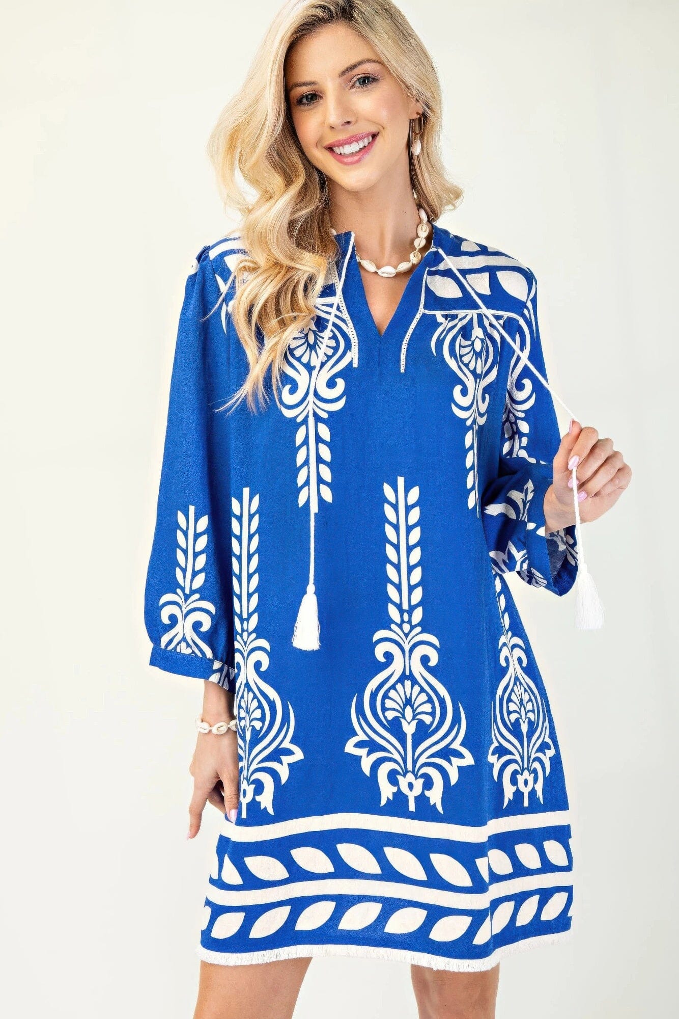 Women Printed 3/4 Sleeve Dress With Tassel Tie And Fringe Detail On Hem Dresses jehouze