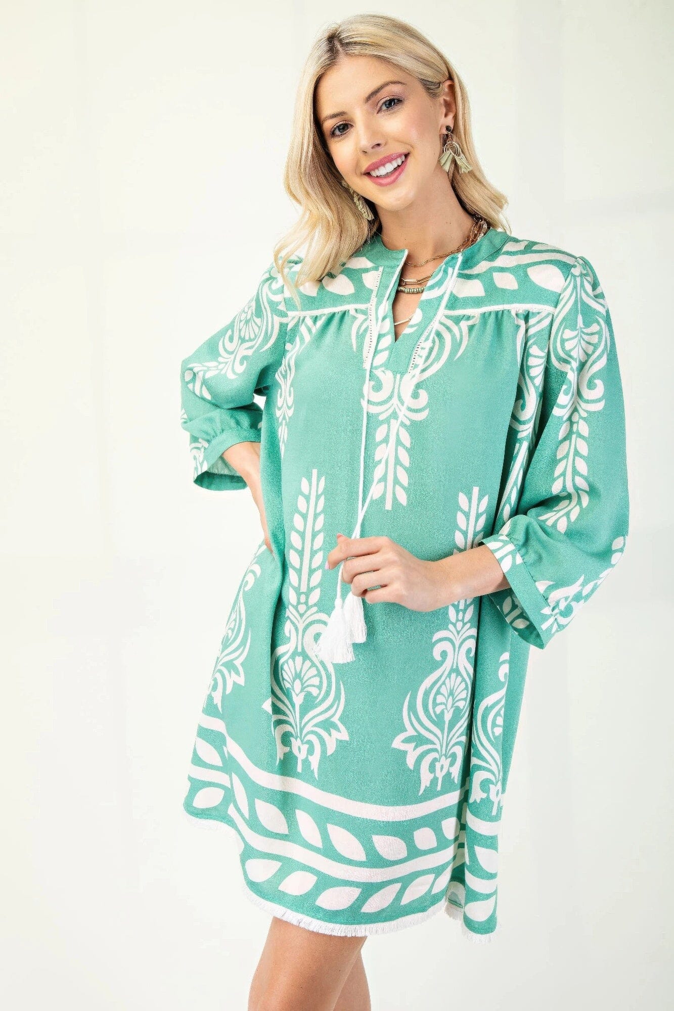 Women Printed 3/4 Sleeve Dress With Tassel Tie And Fringe Detail On Hem Dresses jehouze