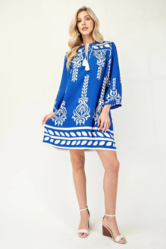 Women Printed 3/4 Sleeve Dress With Tassel Tie And Fringe Detail On Hem Dresses jehouze Blue S
