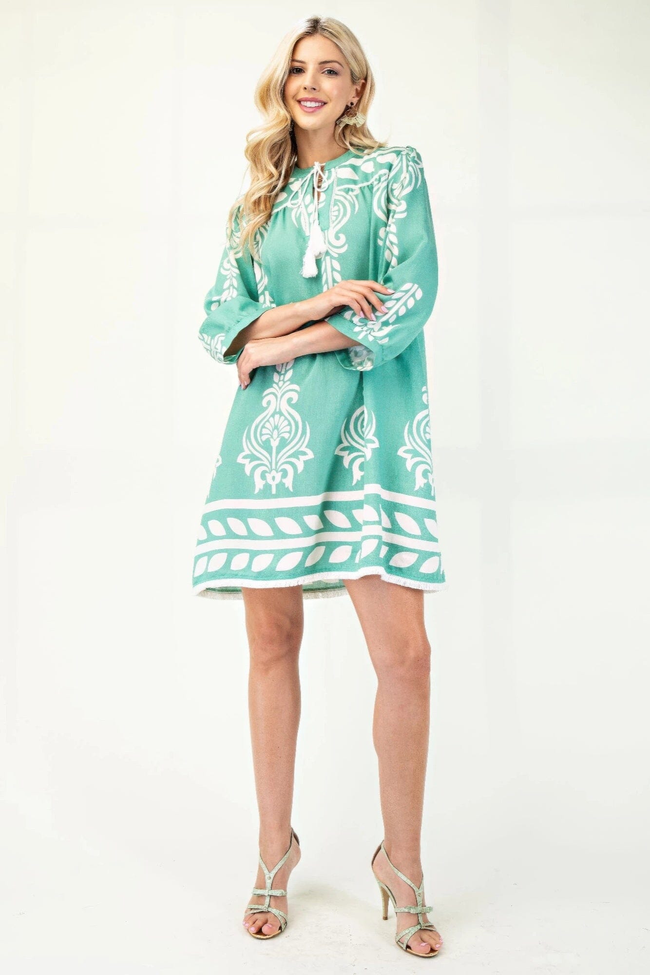 Women Printed 3/4 Sleeve Dress With Tassel Tie And Fringe Detail On Hem Dresses jehouze Emerald S