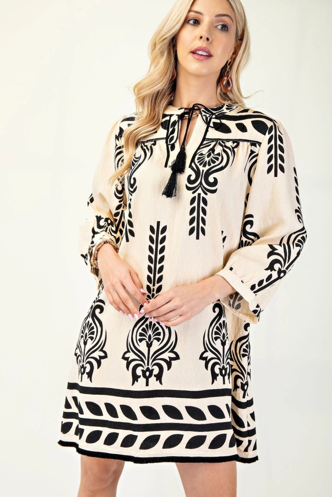 Women Printed 3/4 Sleeve Dress With Tassel Tie And Fringe Detail On Hem Dresses jehouze Ivory S