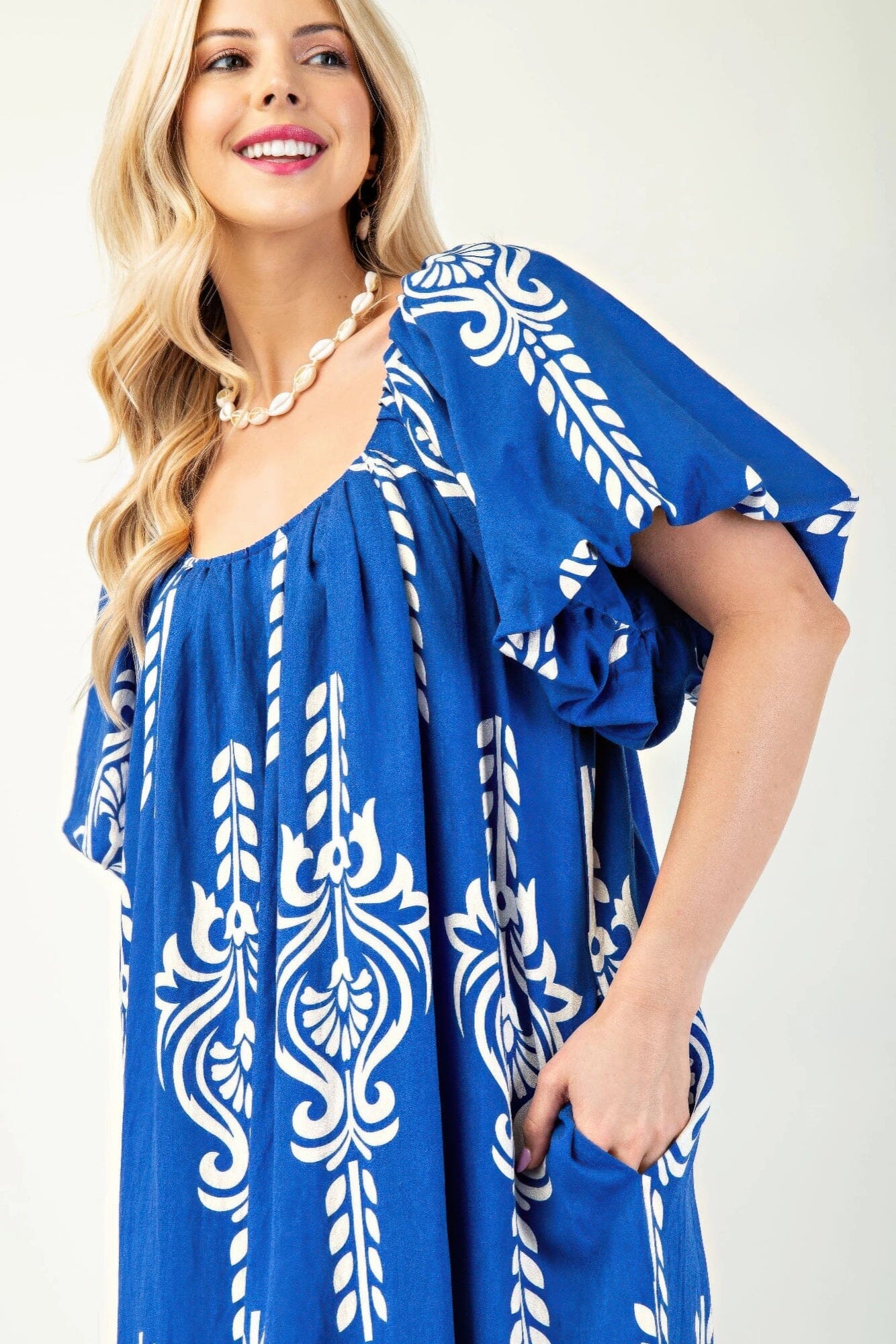 Women Printed Short Puff Sleeves Midi Dress Dresses jehouze