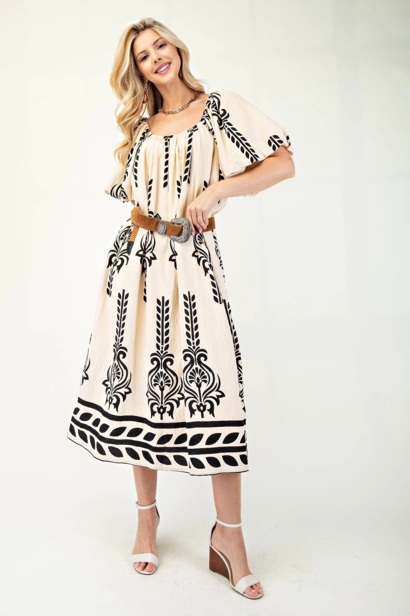 Women Printed Short Puff Sleeves Midi Dress Dresses jehouze
