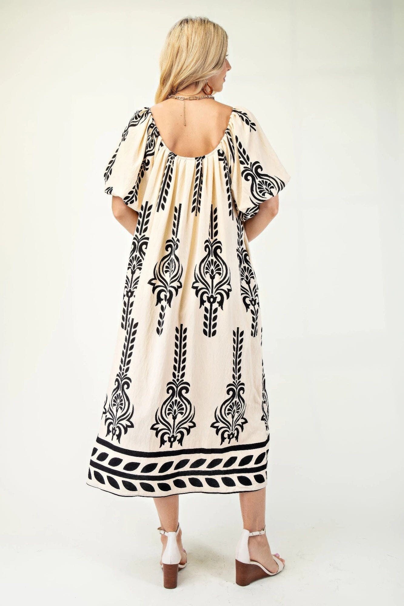 Women Printed Short Puff Sleeves Midi Dress Dresses jehouze